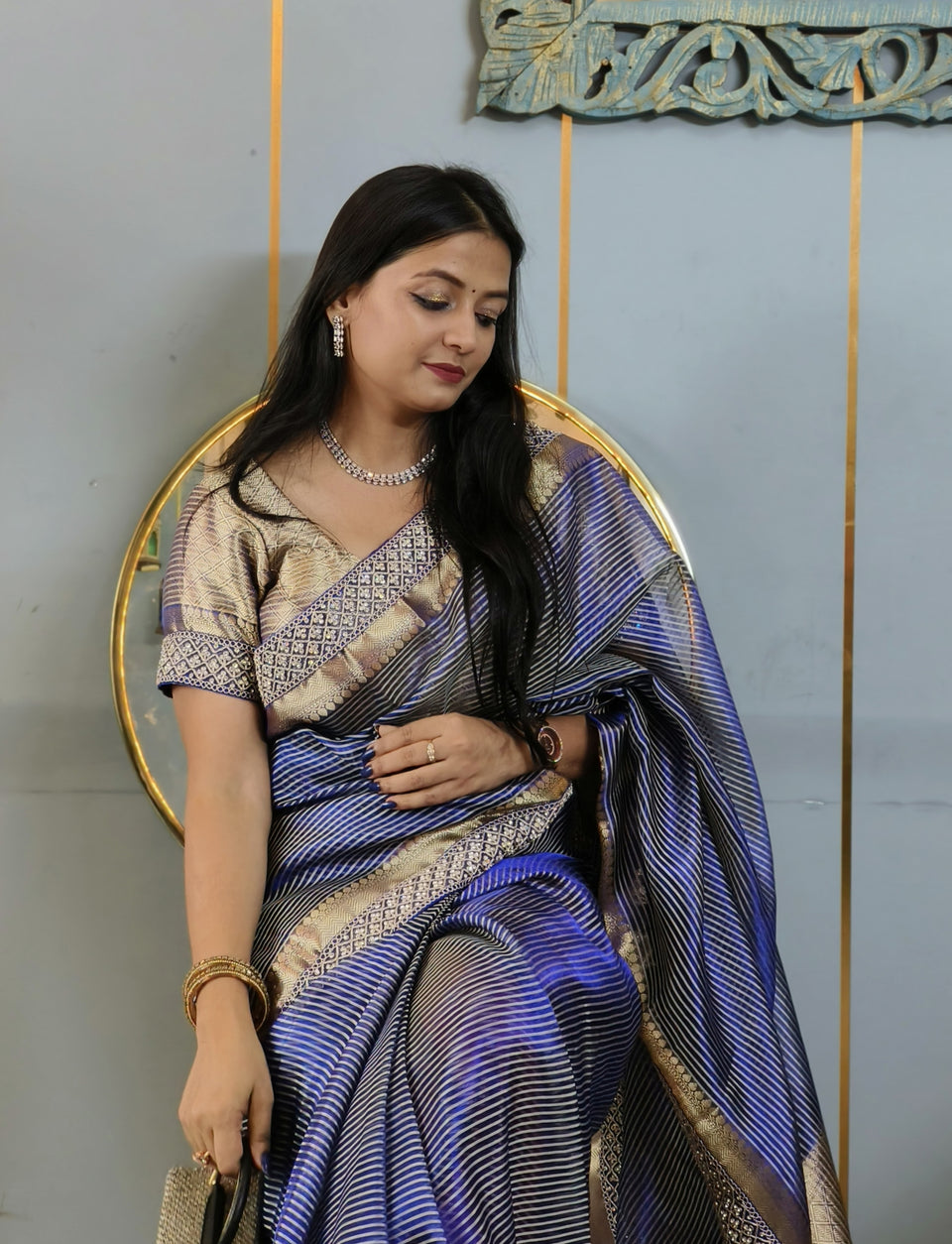 Celebrity-Inspired Royal Blue Stripe Tissue Silk Saree with Stone Zardozi Work