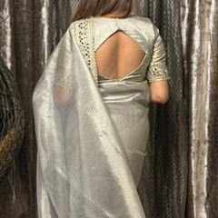 Moonlit Grey Banarasi Rajkumari Mirror Work Tissue Silk Saree