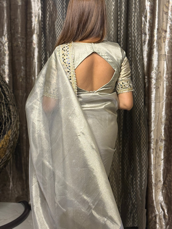 Moonlit Grey Banarasi Rajkumari Mirror Work Tissue Silk Saree