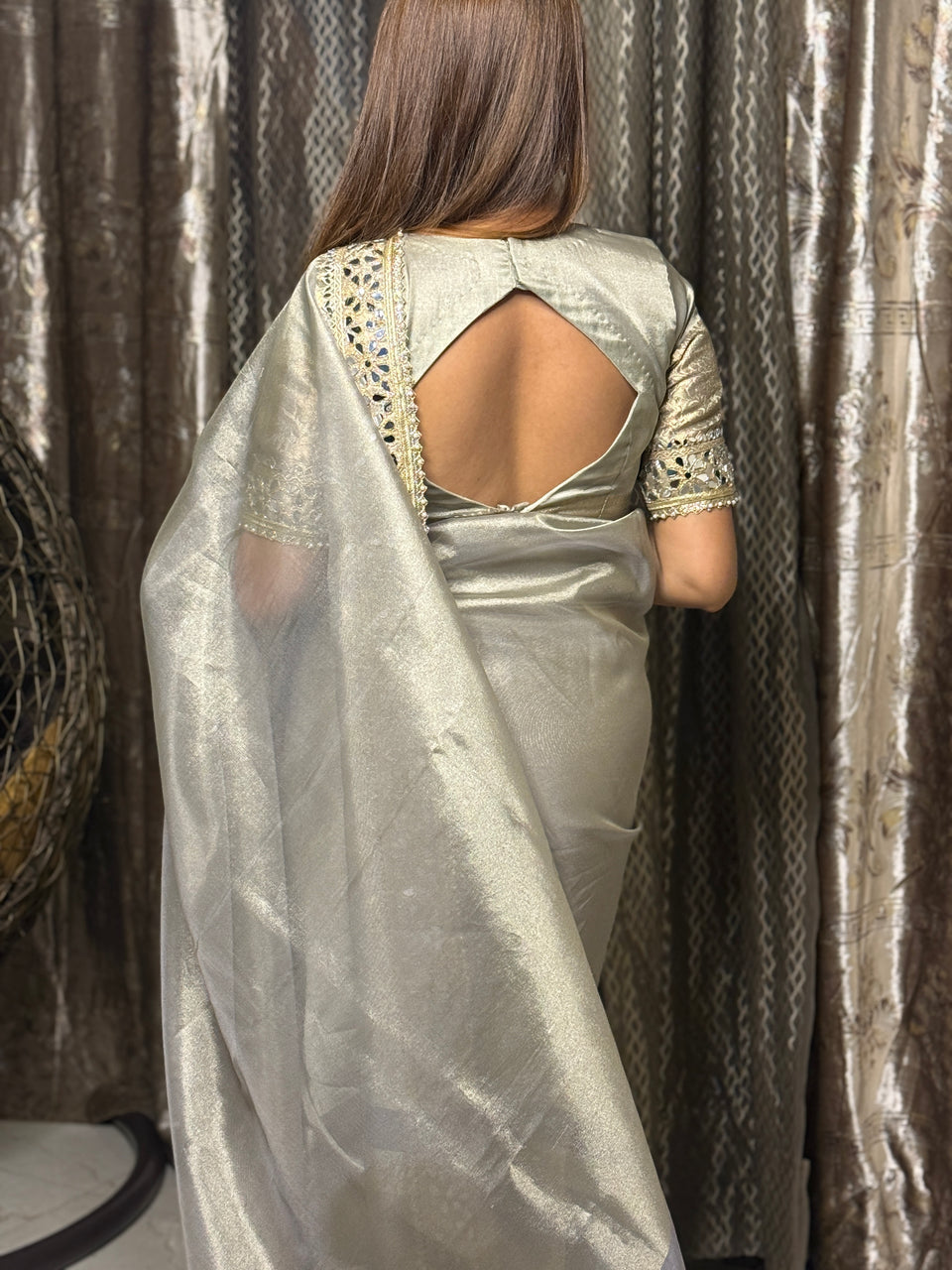 Moonlit Grey Banarasi Rajkumari Mirror Work Tissue Silk Saree