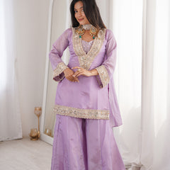 Orchid Lavender Afsara Mirror Work Tissue Sharara Suit Set