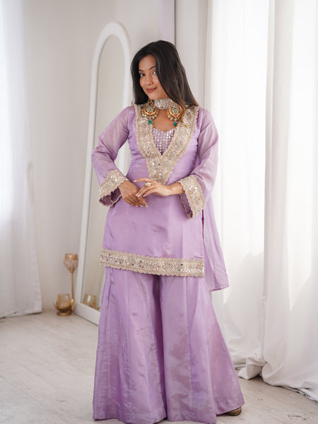 Orchid Lavender Afsara Mirror Work Tissue Sharara Suit Set