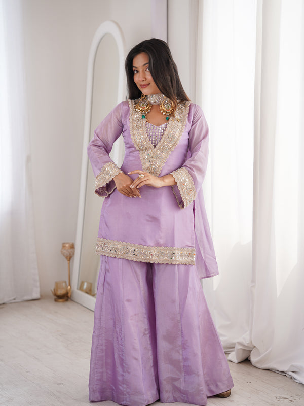 Orchid Lavender Afsara Mirror Work Tissue Sharara Suit Set