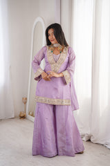 Orchid Lavender Afsara Mirror Work Tissue Sharara Suit Set