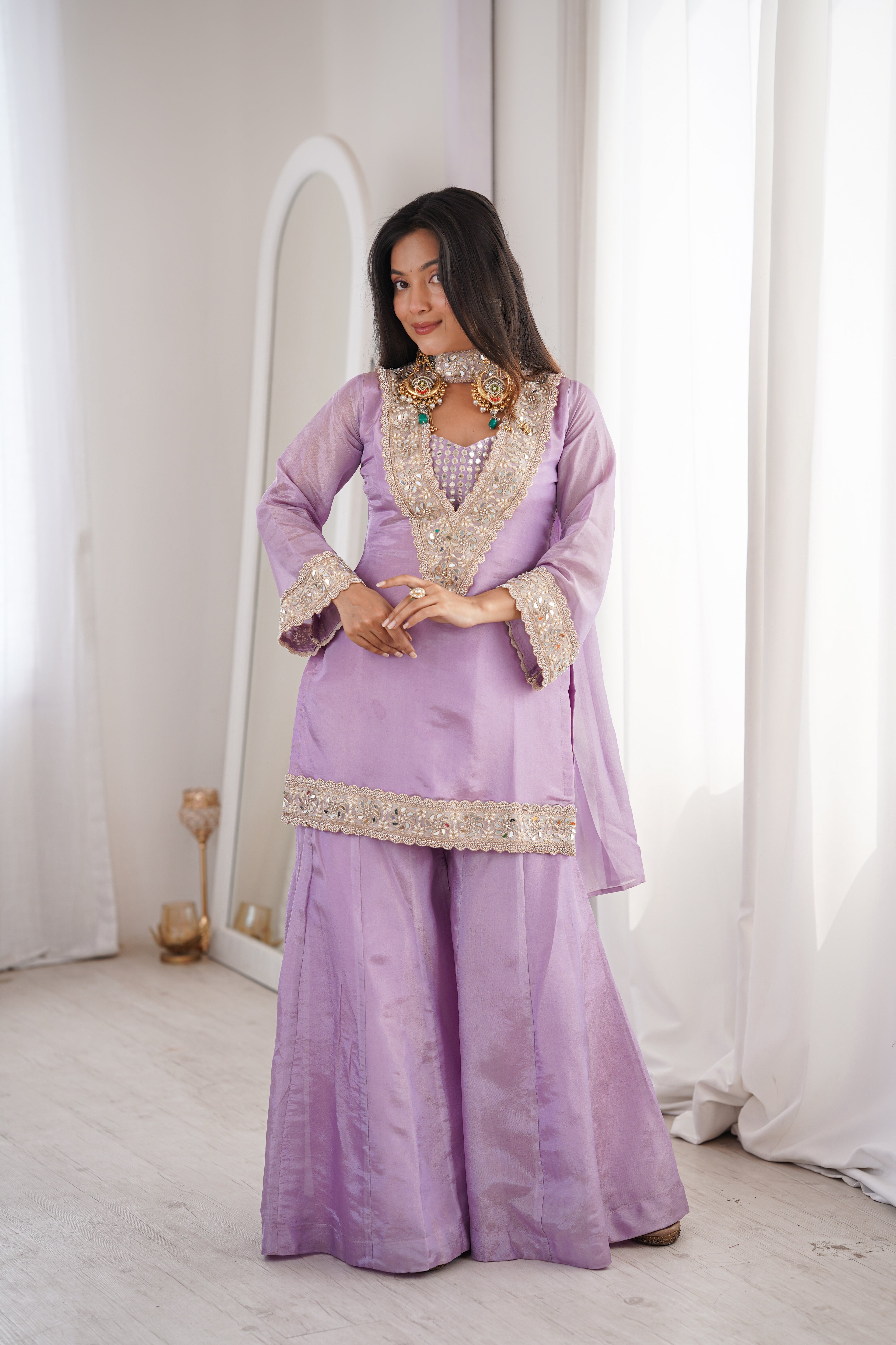 Orchid Lavender Afsara Mirror Work Tissue Sharara Suit Set