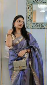 Celebrity-Inspired Royal Blue Stripe Tissue Silk Saree with Stone Zardozi Work