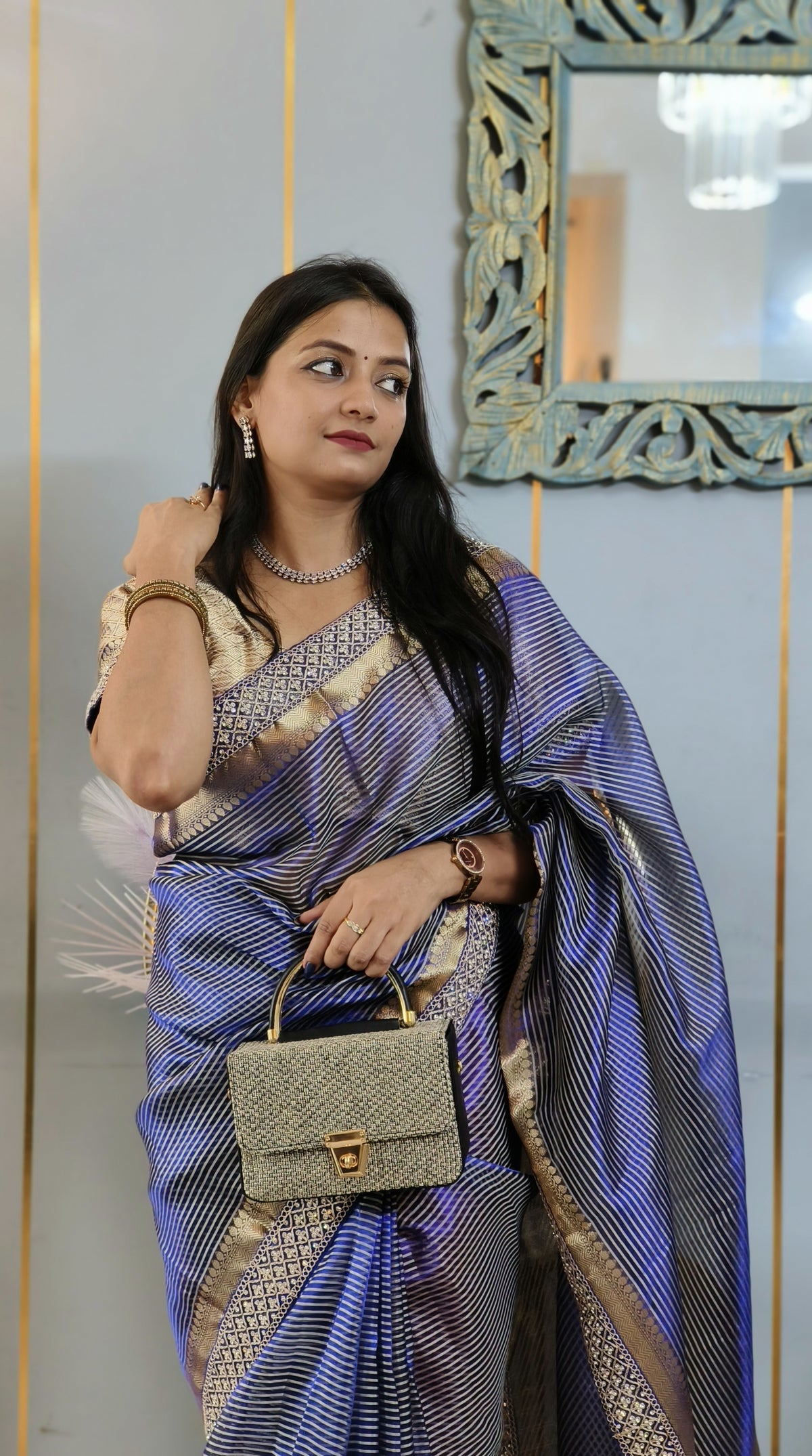 Celebrity-Inspired Royal Blue Stripe Tissue Silk Saree with Stone Zardozi Work