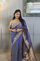 Celebrity-Inspired Royal Blue Stripe Tissue Silk Saree with Stone Zardozi Work