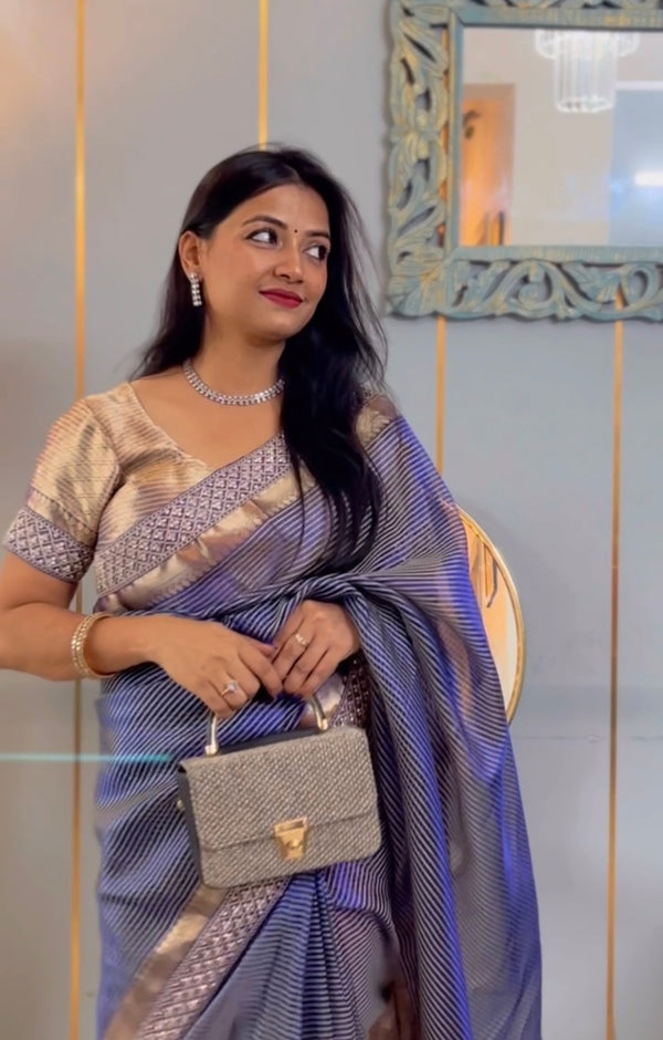 Celebrity-Inspired Royal Blue Stripe Tissue Silk Saree with Stone Zardozi Work