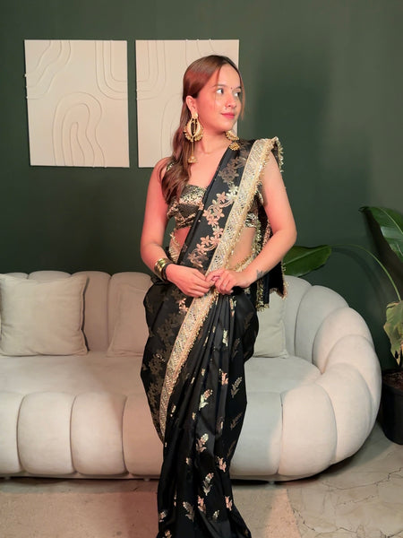 Elan Black Banarasi Nazakat Mirror-Pearl work Saree