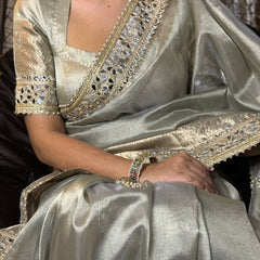 Moonlit Grey Banarasi Rajkumari Mirror Work Tissue Silk Saree