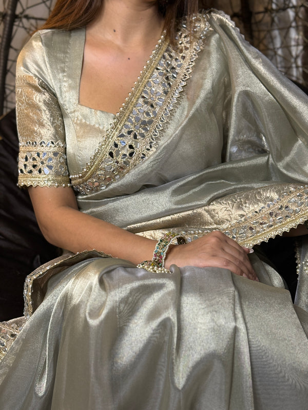 Moonlit Grey Banarasi Rajkumari Mirror Work Tissue Silk Saree