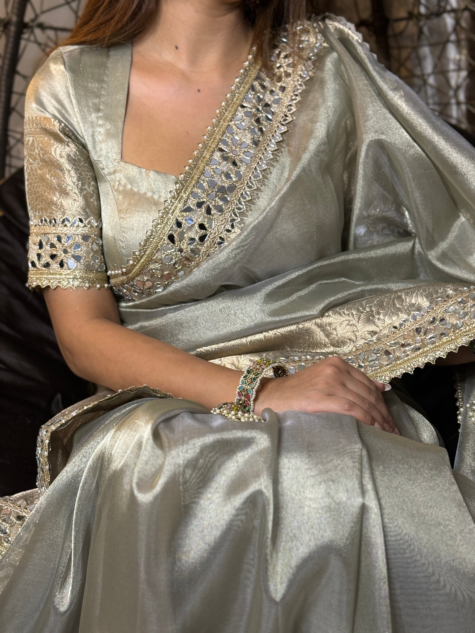 Moonlit Grey Banarasi Rajkumari Mirror Work Tissue Silk Saree