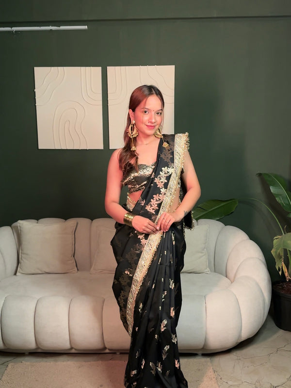 Elan Black Banarasi Nazakat Mirror-Pearl work Saree