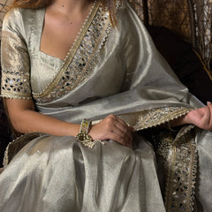Moonlit Grey Banarasi Rajkumari Mirror Work Tissue Silk Saree
