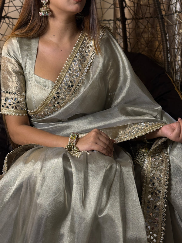 Moonlit Grey Banarasi Rajkumari Mirror Work Tissue Silk Saree