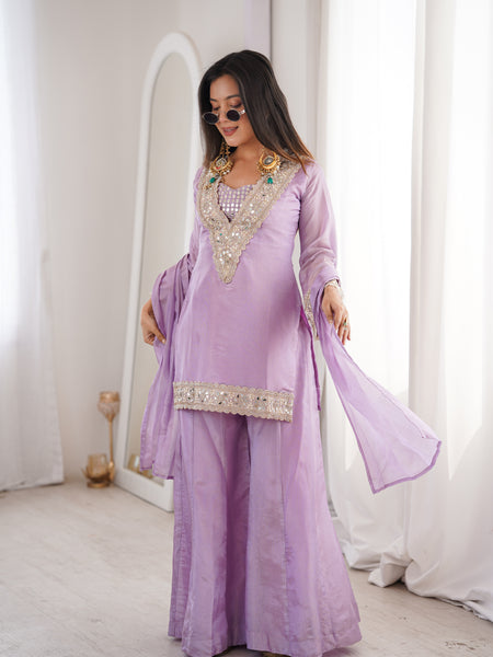 Orchid Lavender Afsara Mirror Work Tissue Sharara Suit Set