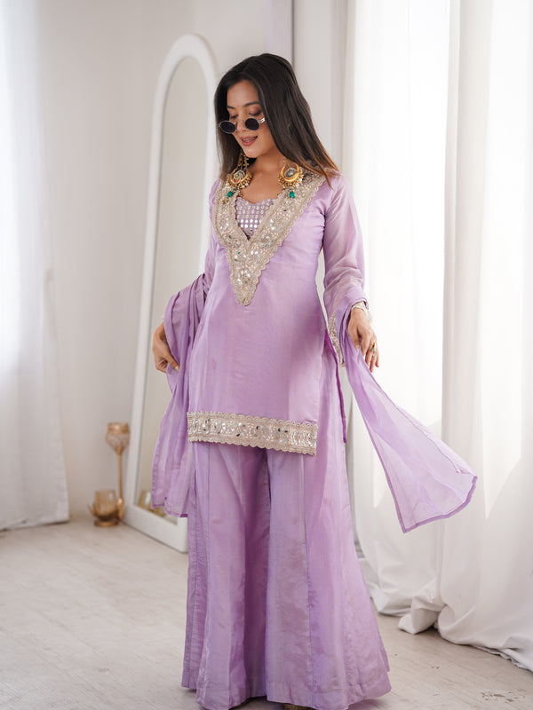 Orchid Lavender Afsara Mirror Work Tissue Sharara Suit Set