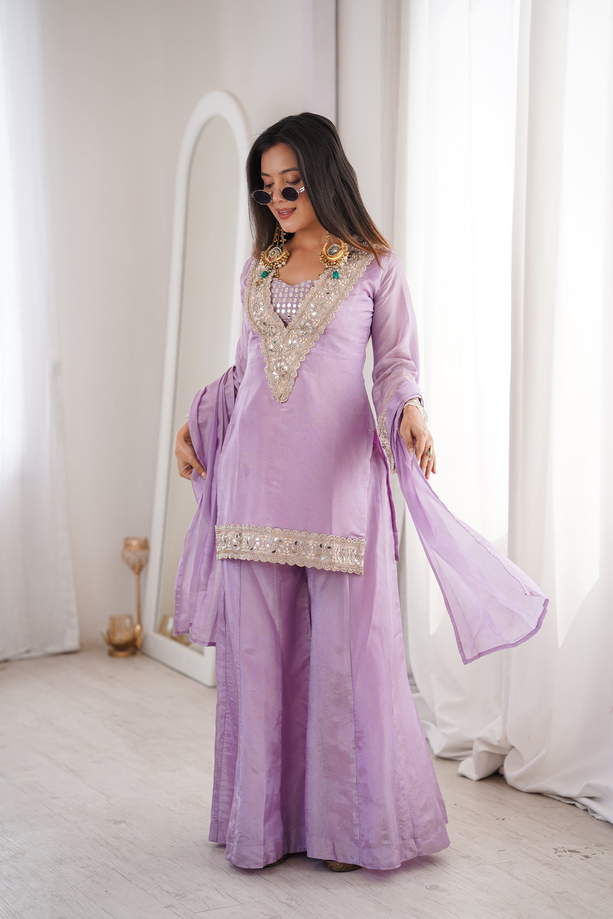 Orchid Lavender Afsara Mirror Work Tissue Sharara Suit Set