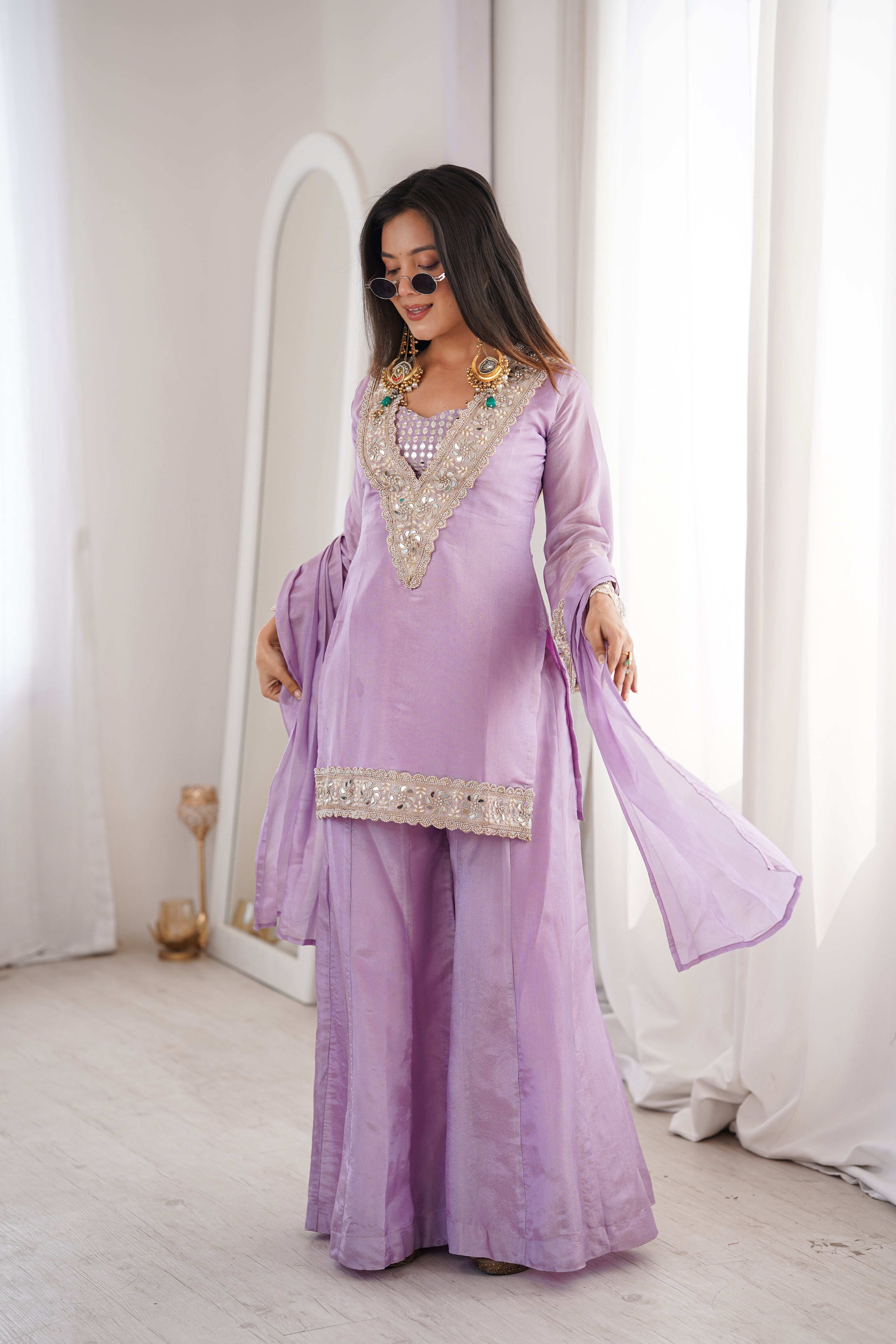 Orchid Lavender Afsara Mirror Work Tissue Sharara Suit Set