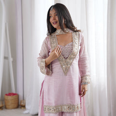 Subtle Pink Afsara Mirror Work Tissue Sharara Suit Set