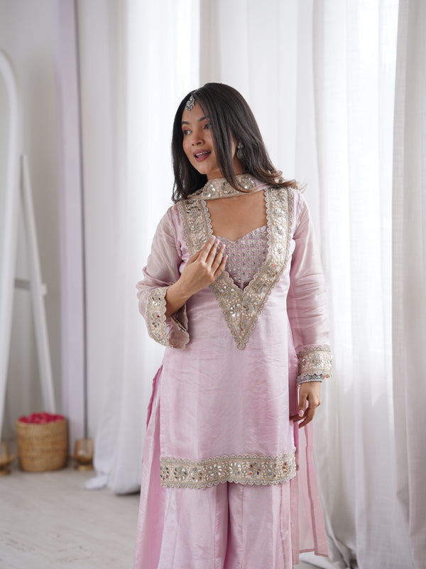 Subtle Pink Afsara Mirror Work Tissue Sharara Suit Set