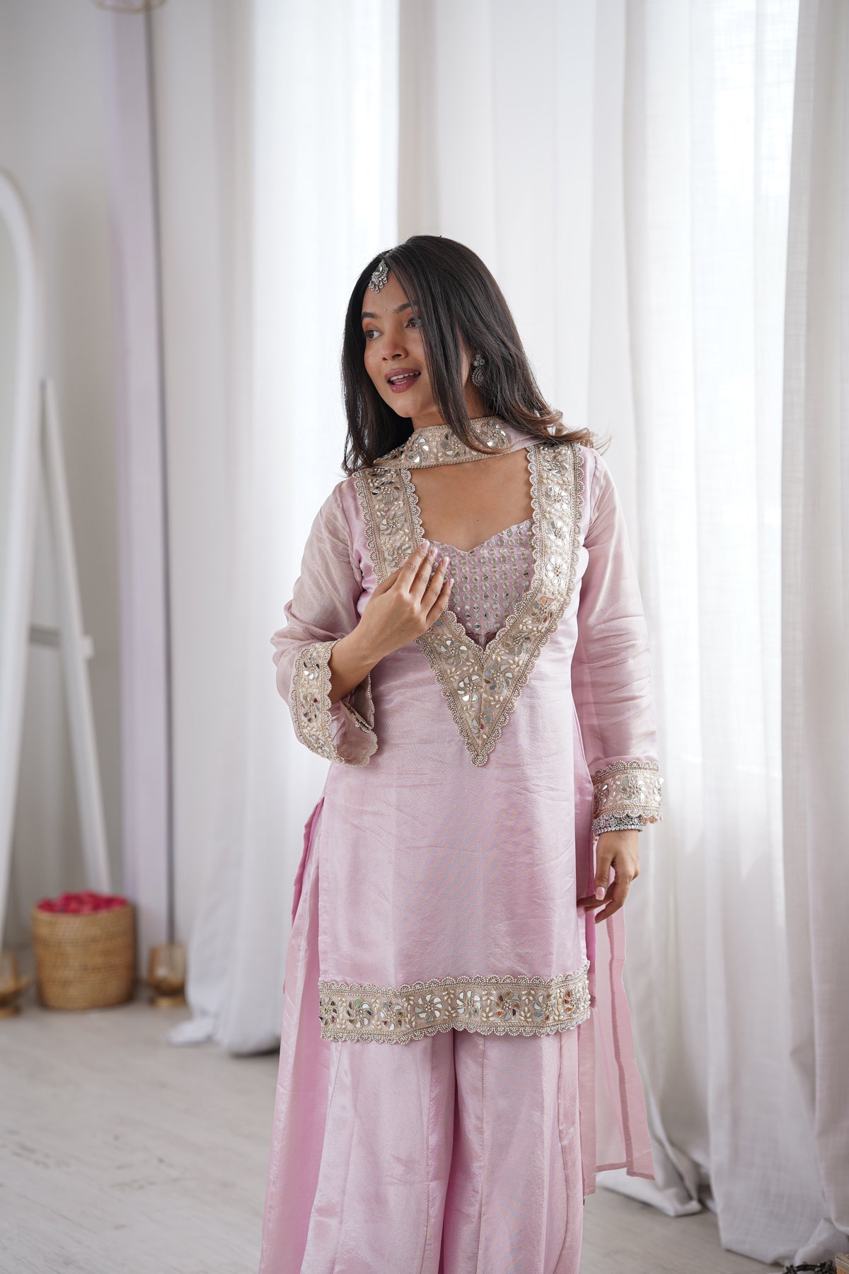 Subtle Pink Afsara Mirror Work Tissue Sharara Suit Set