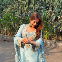 Powder Blue Afsara Mirror Work Tissue Sharara Suit Set