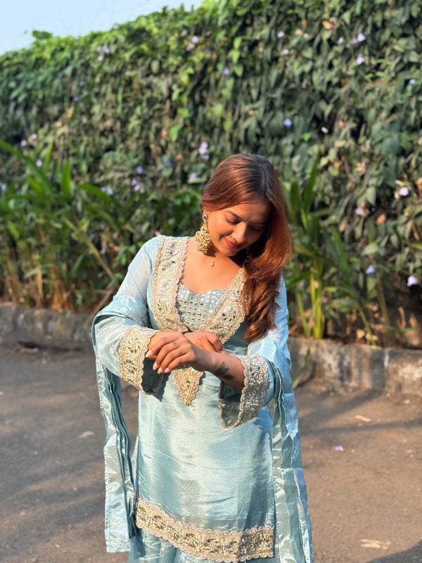 Powder Blue Afsara Mirror Work Tissue Sharara Suit Set