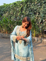 Powder Blue Afsara Mirror Work Tissue Sharara Suit Set
