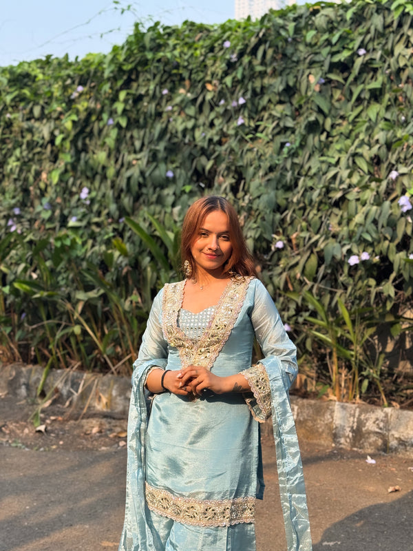 Powder Blue Afsara Mirror Work Tissue Sharara Suit Set