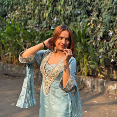 Powder Blue Afsara Mirror Work Tissue Sharara Suit Set