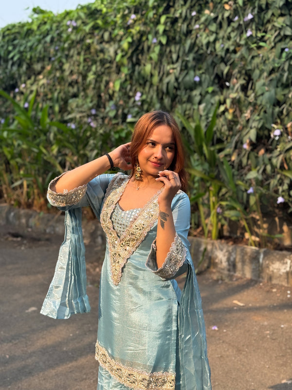 Powder Blue Afsara Mirror Work Tissue Sharara Suit Set