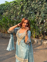 Powder Blue Afsara Mirror Work Tissue Sharara Suit Set