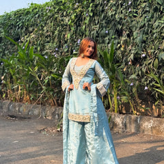 Powder Blue Afsara Mirror Work Tissue Sharara Suit Set
