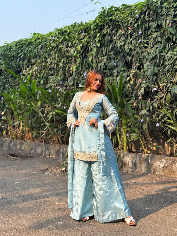 Powder Blue Afsara Mirror Work Tissue Sharara Suit Set