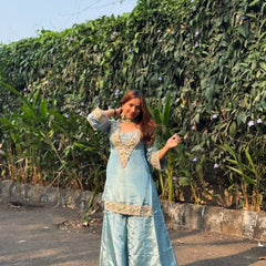 Powder Blue Afsara Mirror Work Tissue Sharara Suit Set