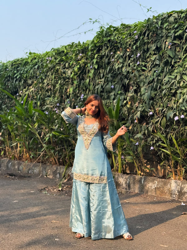 Powder Blue Afsara Mirror Work Tissue Sharara Suit Set