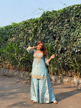 Powder Blue Afsara Mirror Work Tissue Sharara Suit Set