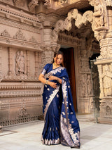 Navy Blue Mughal Buti Banarasi Mashru Silk Saree