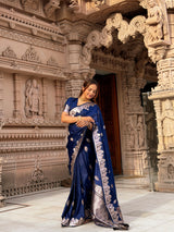Navy Blue Mughal Buti Banarasi Mashru Silk Saree