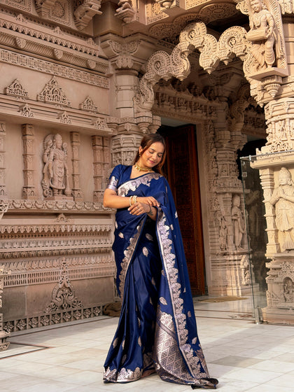 Navy Blue Mughal Buti Banarasi Mashru Silk Saree