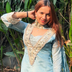 Powder Blue Afsara Mirror Work Tissue Sharara Suit Set