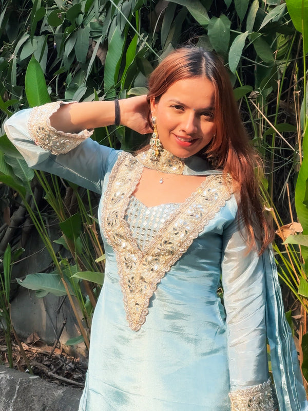 Powder Blue Afsara Mirror Work Tissue Sharara Suit Set