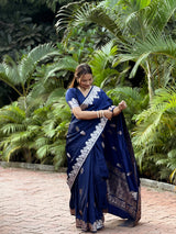 Navy Blue Mughal Buti Banarasi Mashru Silk Saree