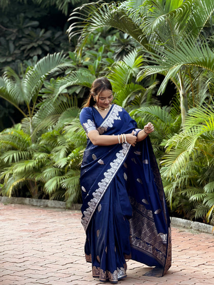Navy Blue Mughal Buti Banarasi Mashru Silk Saree