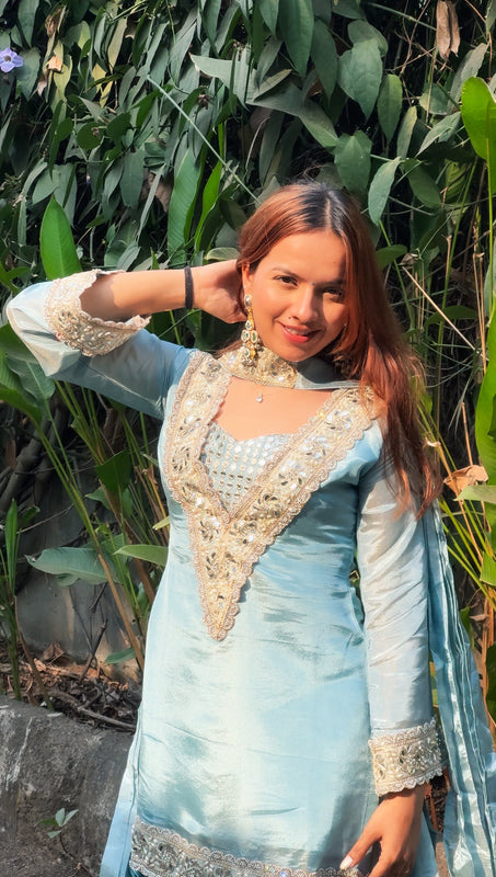 Powder Blue Afsara Mirror Work Tissue Sharara Suit Set