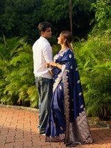 Navy Blue Mughal Buti Banarasi Mashru Silk Saree