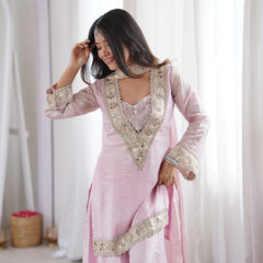 Subtle Pink Afsara Mirror Work Tissue Sharara Suit Set