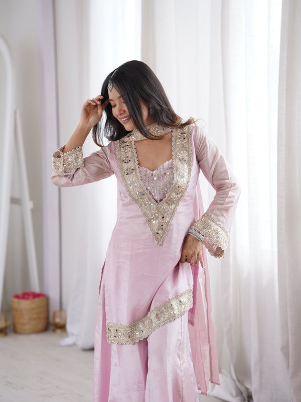 Subtle Pink Afsara Mirror Work Tissue Sharara Suit Set